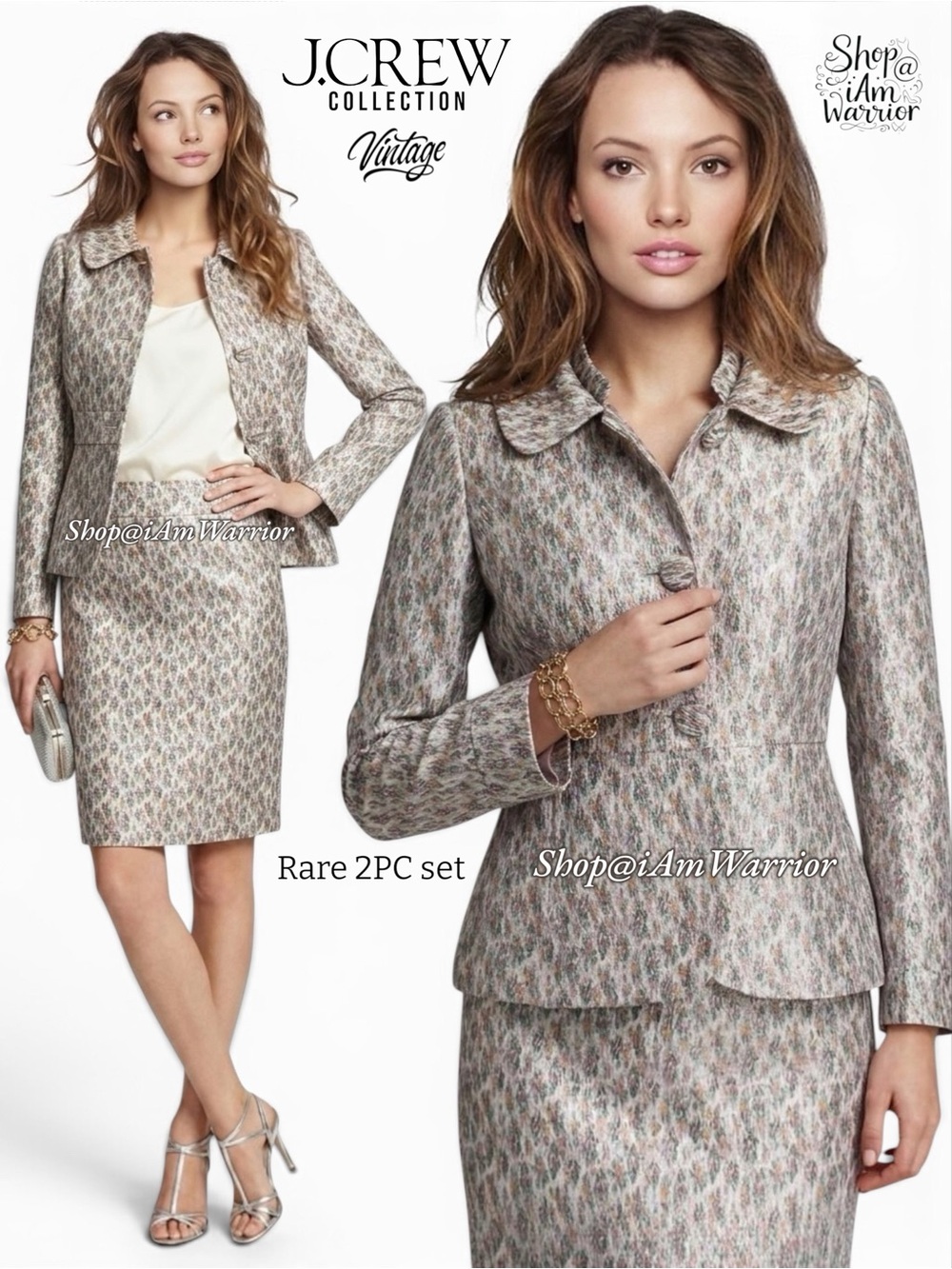 J.Crew Collection Rare Archival Vintage Metallic Jacquard Jacket Skirt Suit Set